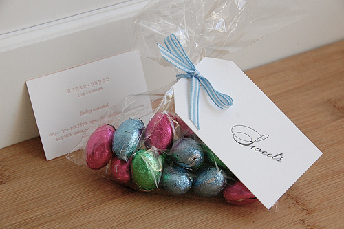 sugar paper chocolate eggs with "sweets" letterpressed tag | simple pretty